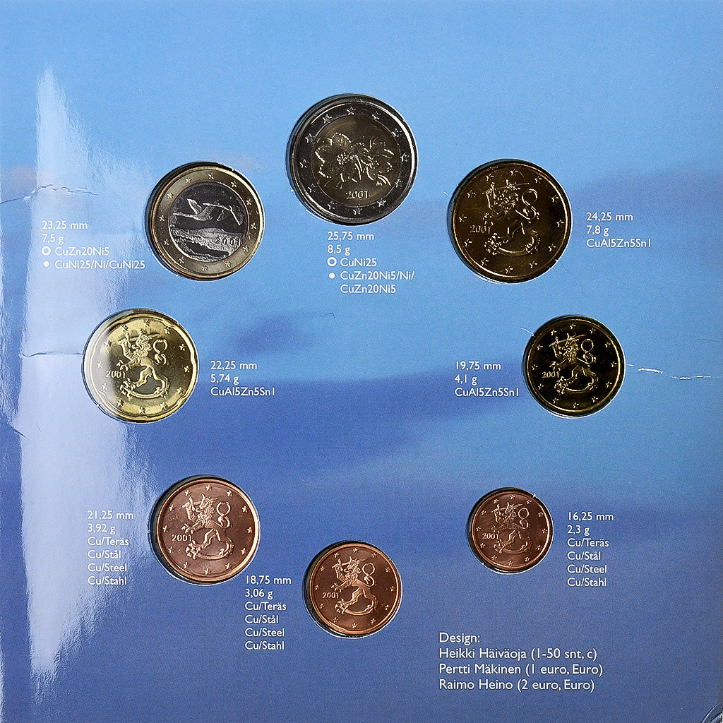 Finlandia,
Lote de 1 c. - 2 euros,
2001