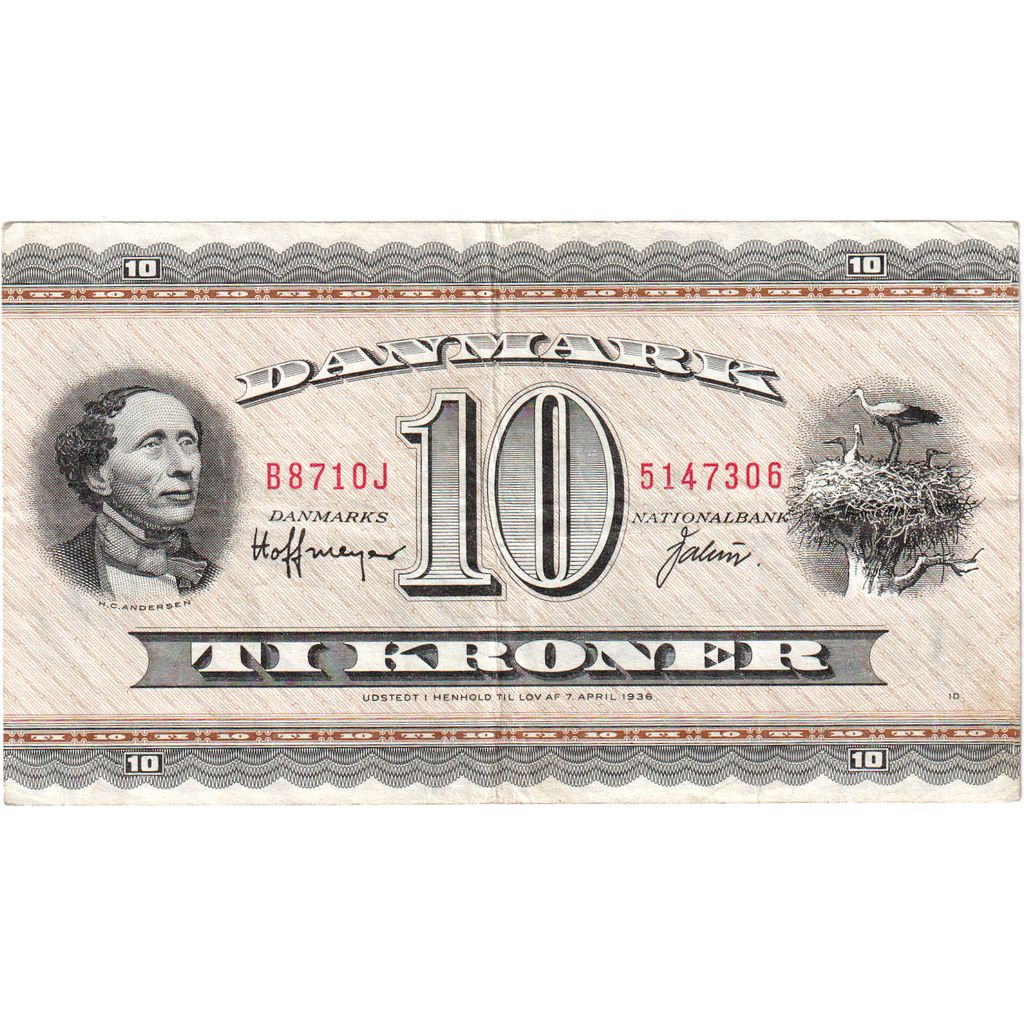 Dinamarca,
10 coronas,
1936-04-07