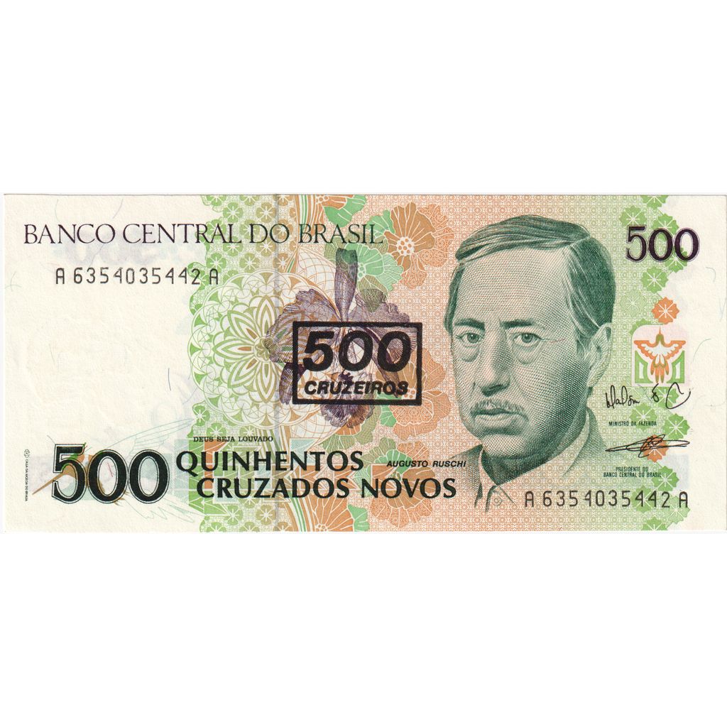 Brasil,
500 Cruzeiros sobre 500 Cruzados Novos,
UNC(63)
