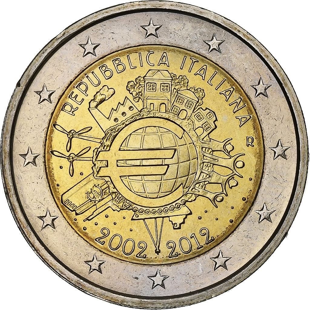 Italia,
2 euros,
10 años de euros en efectivo