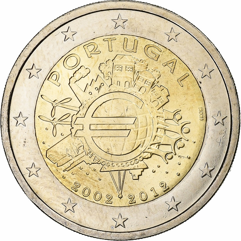 Portugal,
2 euros,
10 años de euros en efectivo
