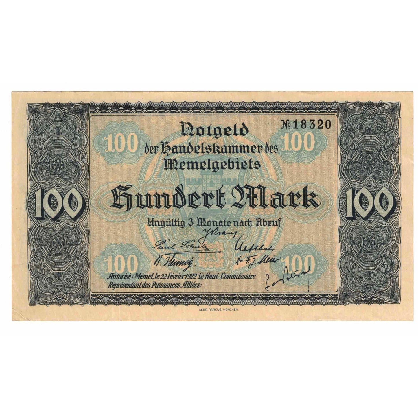 billete de banco,
Memel,
100 marcos