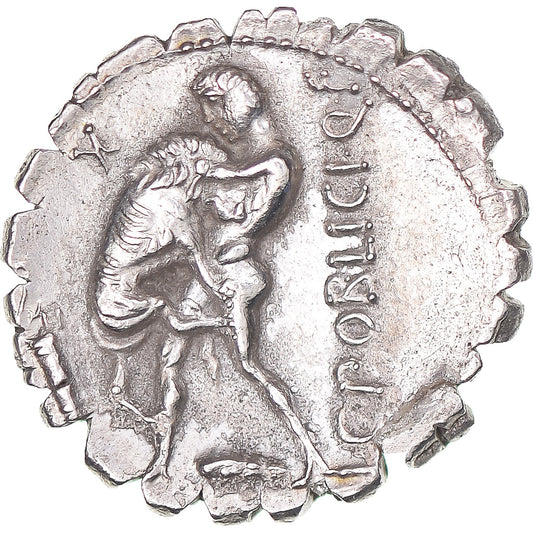 Acuñar, 
  
  C. Poblicius Q.f., 
  
  Denario Serrato