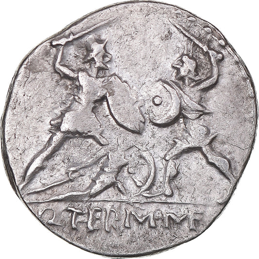 Acuñar, 
  
  Q. Minucio Termo M. f., 
  
  Denario