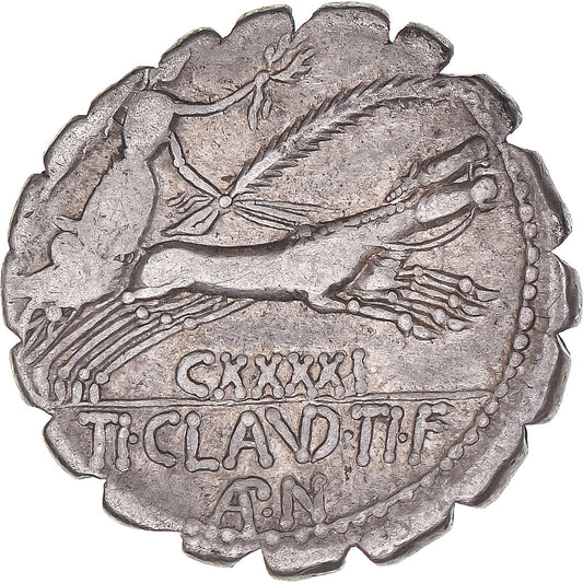 Acuñar, 
  
  Tí. Claudio Ti. F. Ap. norte. Nerón, 
  
  Denario Serrato