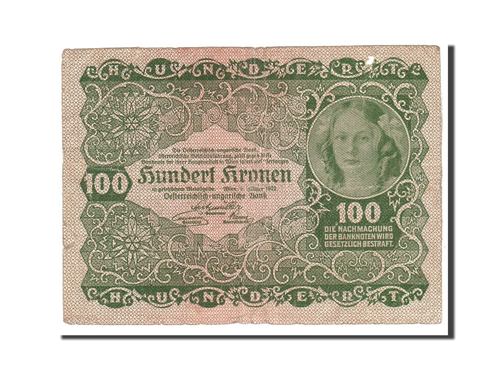 billete de banco, 
  
  Austria, 
  
  100 coronas