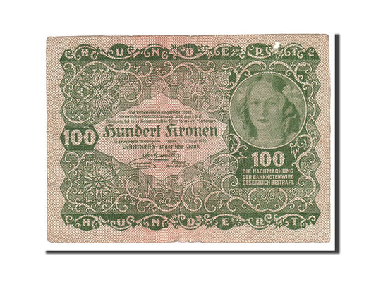 billete de banco, 
  
  Austria, 
  
  100 coronas