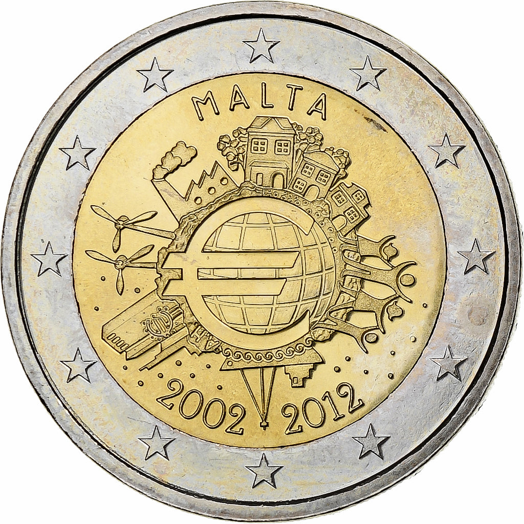 Malta, 
  
  2 euros, 
  
  10 años de euro