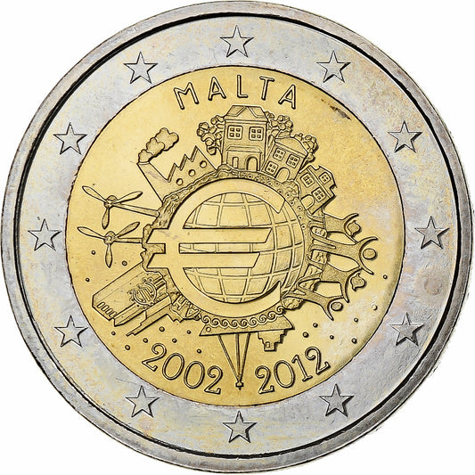 Malta, 
  
  2 euros, 
  
  10 años de euro