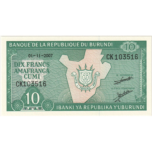 Burundi, 
  
  10 francos, 
  
  2007