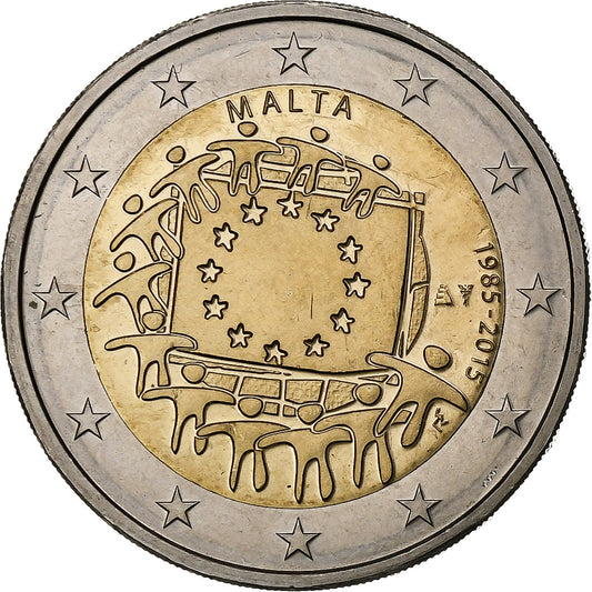 Malta, 

2 euros, 

30 años de la bandera de la Unión Europea
