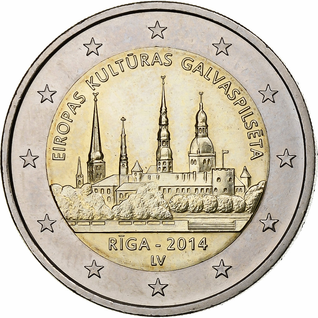 Letonia, 

2 euros, 

Riga – Capital Europea de la Cultura 2014