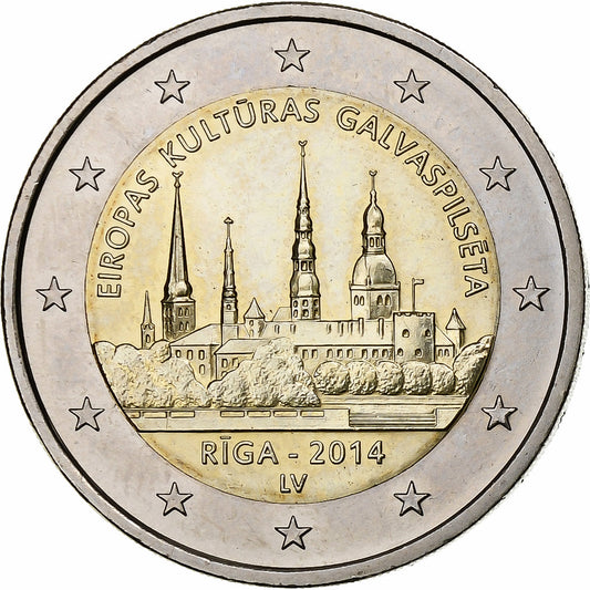 Letonia, 

2 euros, 

Riga – Capital Europea de la Cultura 2014