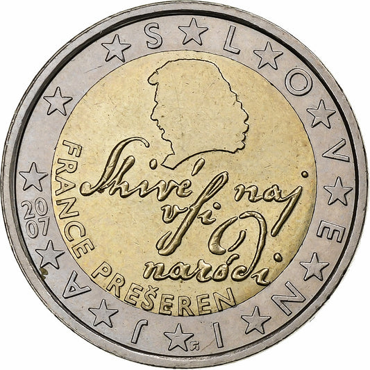 Eslovenia, 
  
  2 euros, 
  
  El poeta France Prešeren