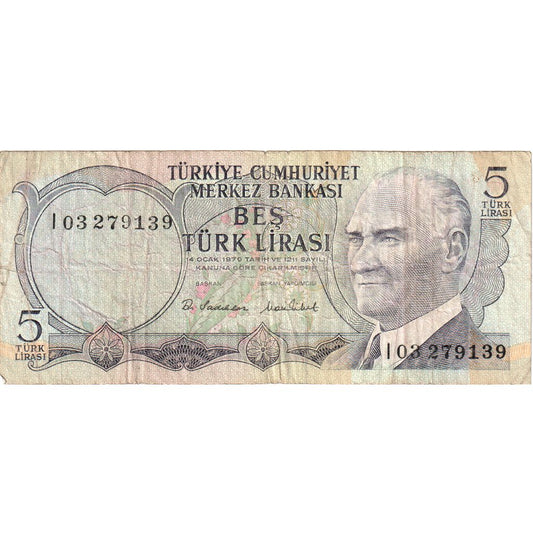 Turquía, 

5 liras, 

MB(30-35)