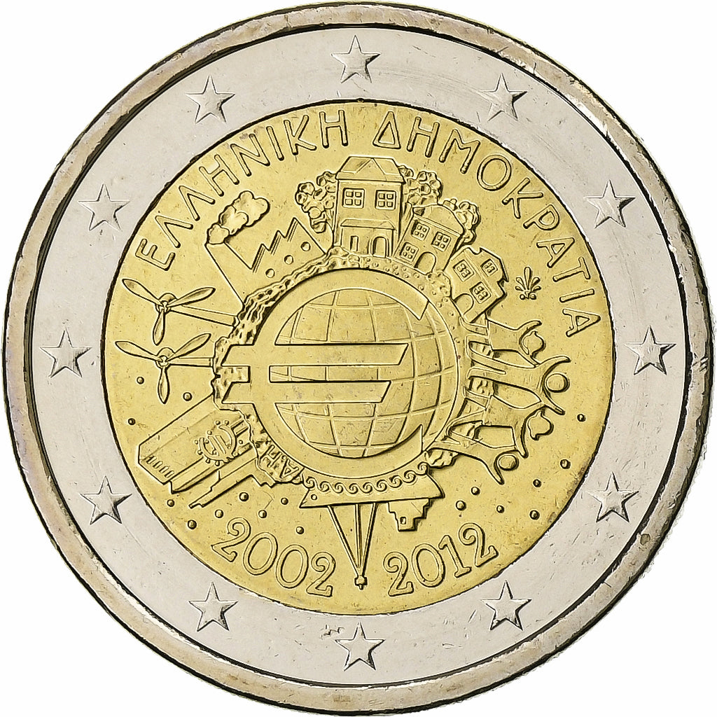 Grecia, 

2 euros, 

euros 2002-2012