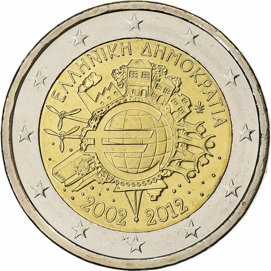 Grecia, 

2 euros, 

euros 2002-2012
