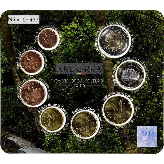 Andorra,

Serie 1 cts. - 2 euros,

Tarjeta de monedas BU
