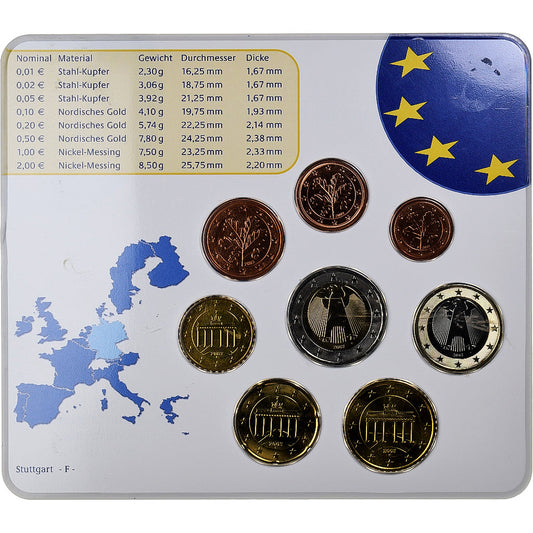 Alemania,

Serie 1 c. - 2 euros,

Tarjeta de monedas. FDC