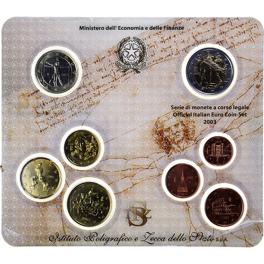 Italia,

Serie 1 c. - 2 euros,

Tarjeta de monedas. FDC