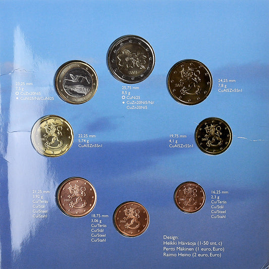 Finlandia, 

Lote de 1 c. - 2 euros, 

2001