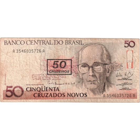Brasil, 
  
  50 Cruzeiros sobre 50 Cruzados Novos, 
  
  FV(30-35)