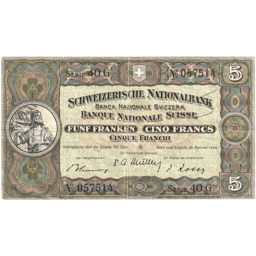 Suiza, 

5 Franken, 

20 de enero de 1949