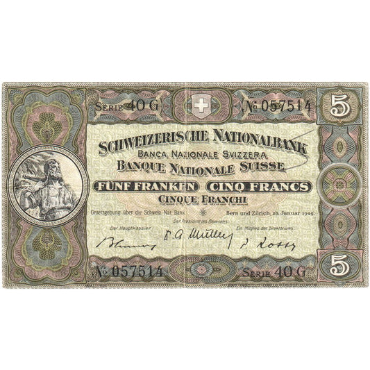 Suiza, 

5 Franken, 

20 de enero de 1949