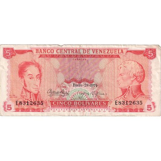 Venezuela, 
  
  5 bolívares, 
  
  1974-01-29