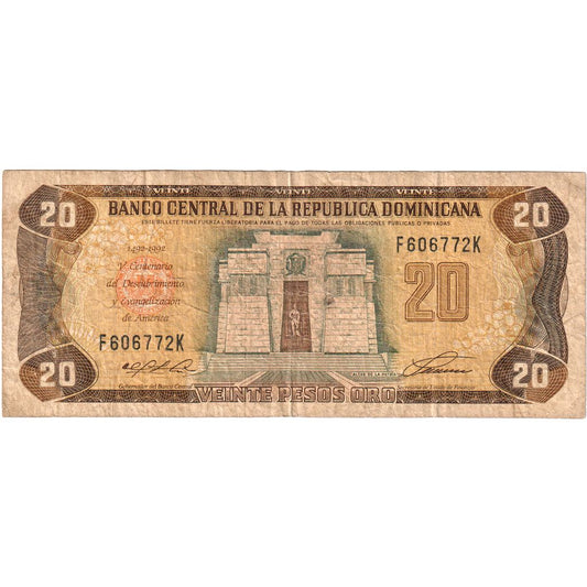 República Dominicana, 
  
  20 pesos oro, 
  
  1990