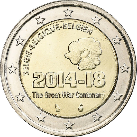 Bélgica, 

2 euros, 

Centenario de la Primera Guerra Mundial