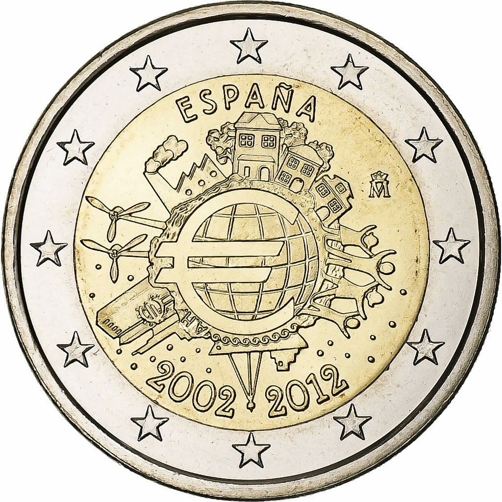 España, 

2 euros, 

10 años de euros en efectivo