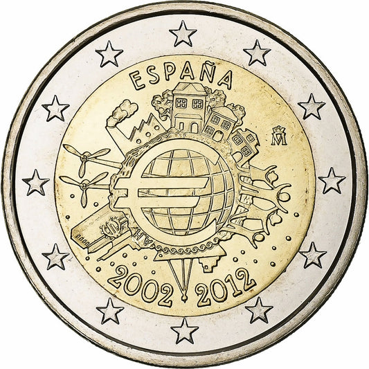 España, 

2 euros, 

10 años de euros en efectivo