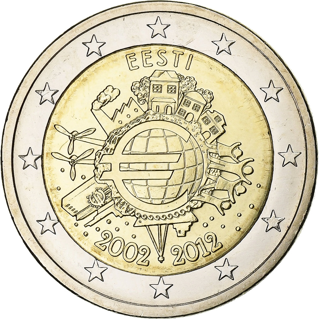 Estonia, 

2 euros, 

10 años de euros en efectivo