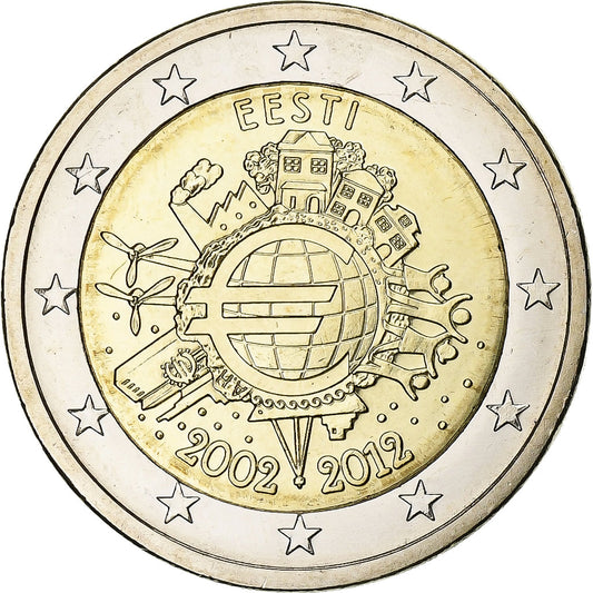 Estonia, 

2 euros, 

10 años de euros en efectivo