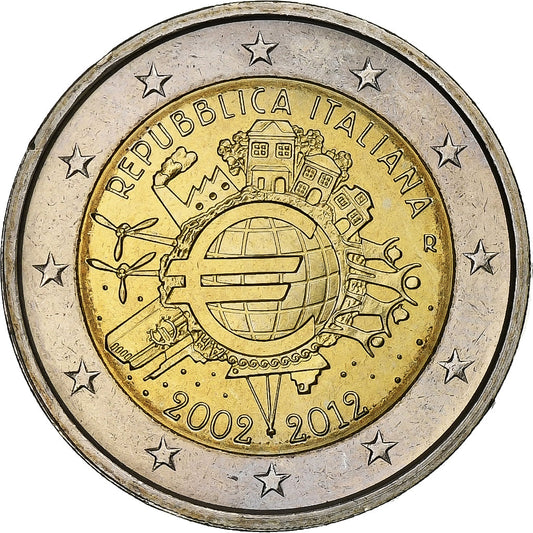 Italia, 

2 euros, 

10 años de euros en efectivo
