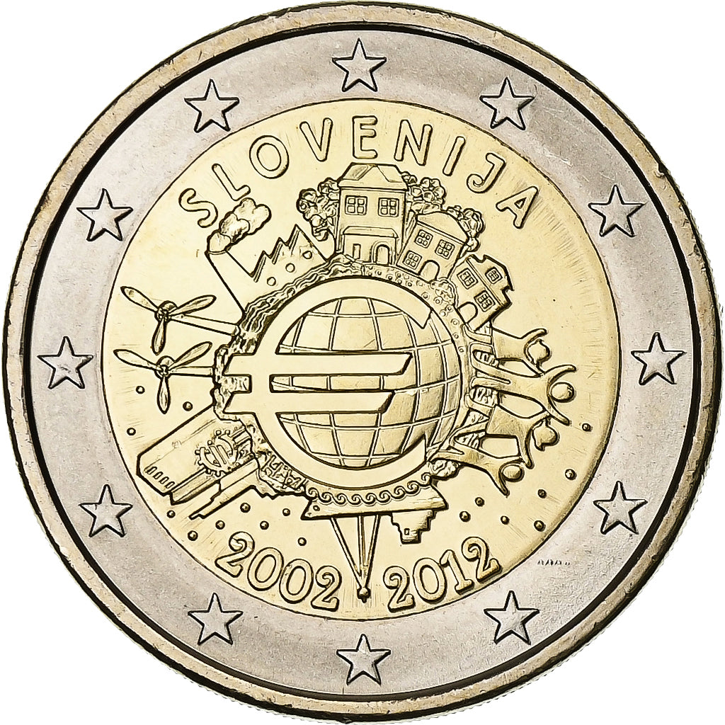 Eslovenia, 

2 euros, 

10 años de euros en efectivo