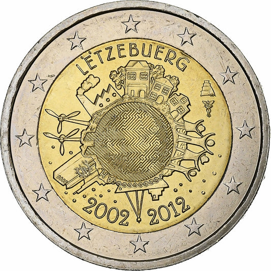 Luxemburgo, 

2 euros, 

10 años de euros en efectivo