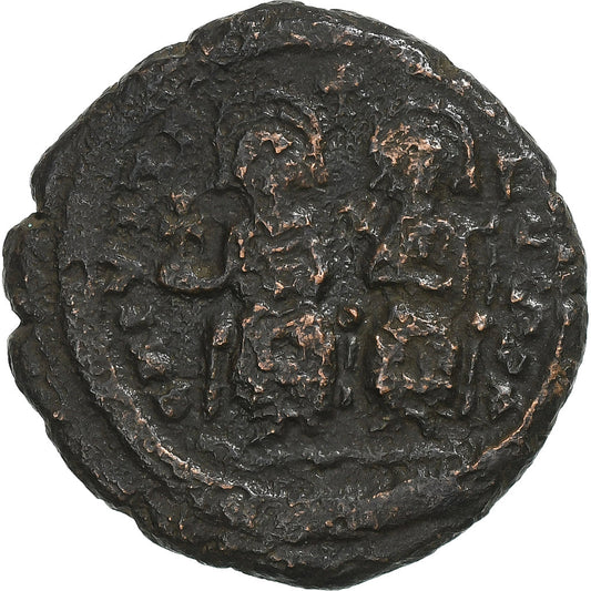 Justino II y Sofía, 
  
  media follis, 
  
  573-574