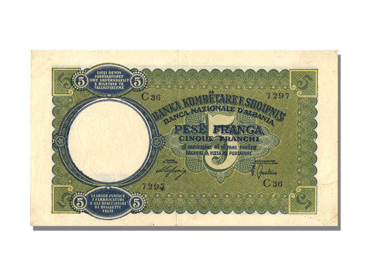 billete de banco, 
  
  albania, 
  
  5 Frangas