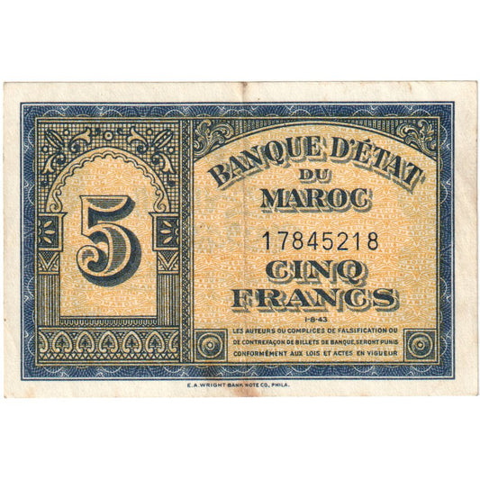 Marruecos, 

5 francos, 

1943