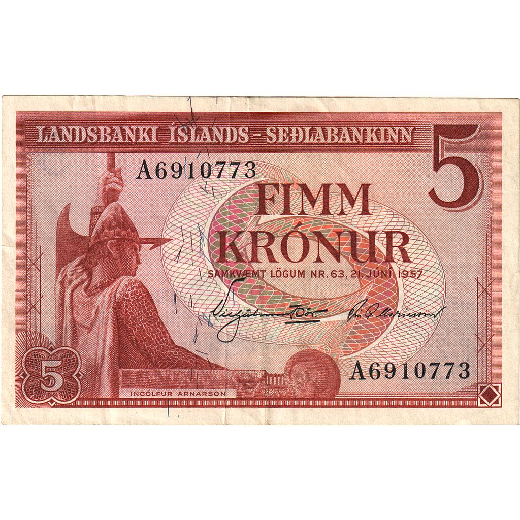 Islandia, 

5 coronas, 

21 de junio de 1957
