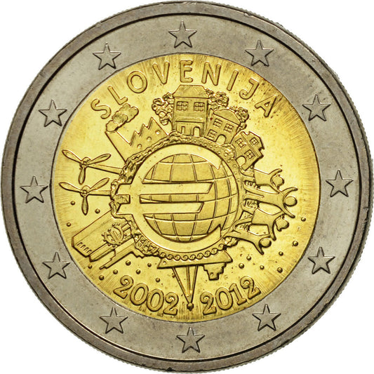 Eslovenia, 

2 euros, 

10 años en euros