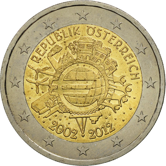 Austria, 

2 euros, 

10 años en euros