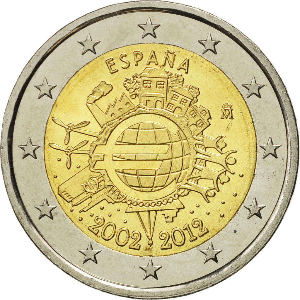 España, 
  
  2 euros, 
  
  10 años de euro