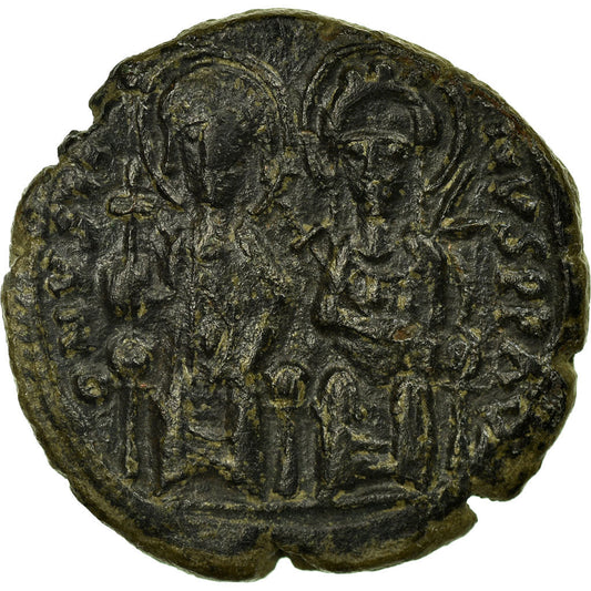 Acuñar, 
  
  Justino II y Sofía, 
  
  Follis