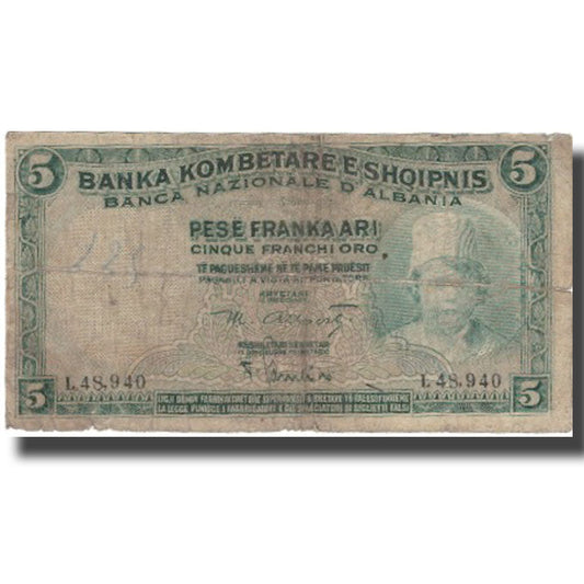 billete de banco, 
  
  albania, 
  
  5Franka Ari