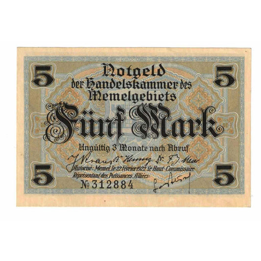billete de banco, 
  
  Memel, 
  
  5 marca