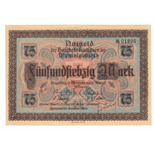 billete de banco, 
  
  Memel, 
  
  75 marca