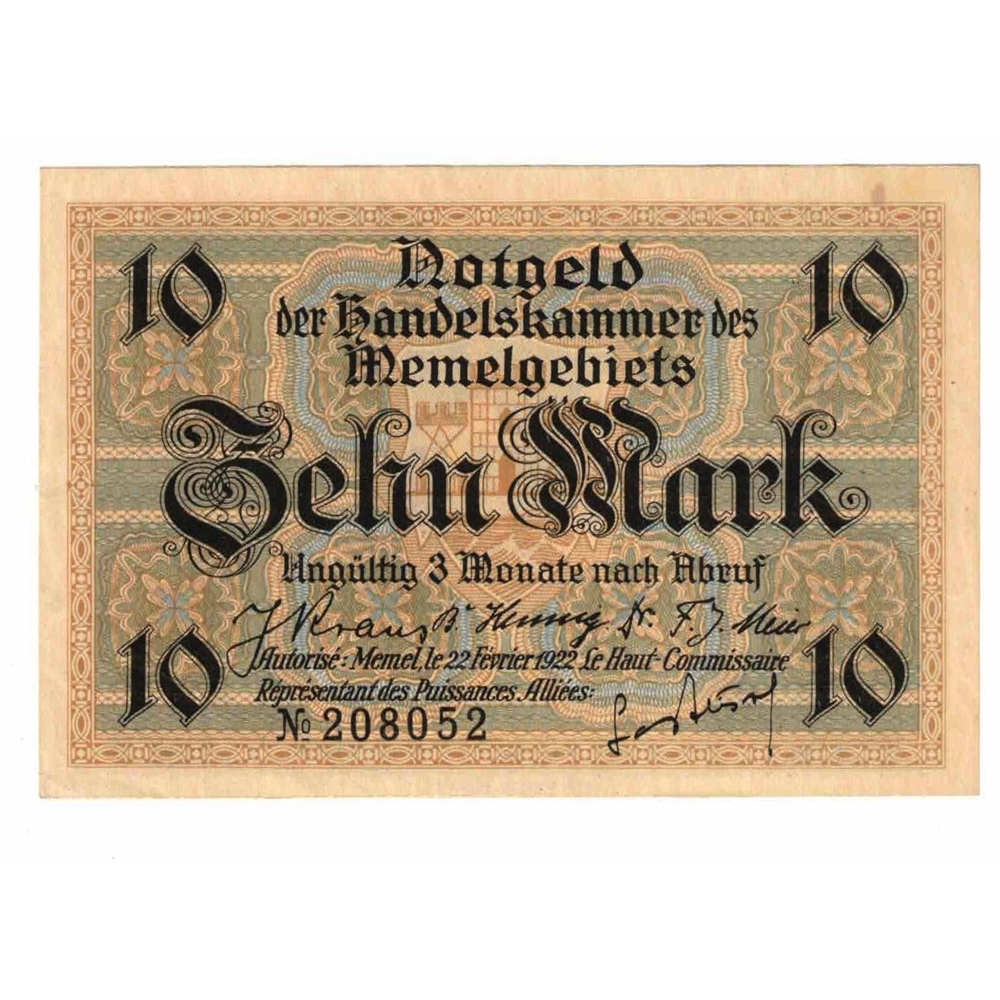 billete de banco, 
  
  Memel, 
  
  10 marcos